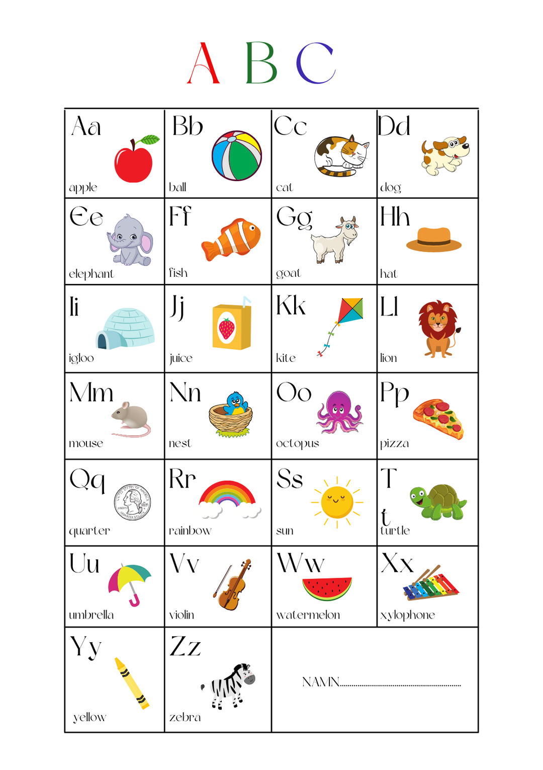 abc tavla- personlig abc tavla med namn - poster med abc bokstäver på engelska för barn