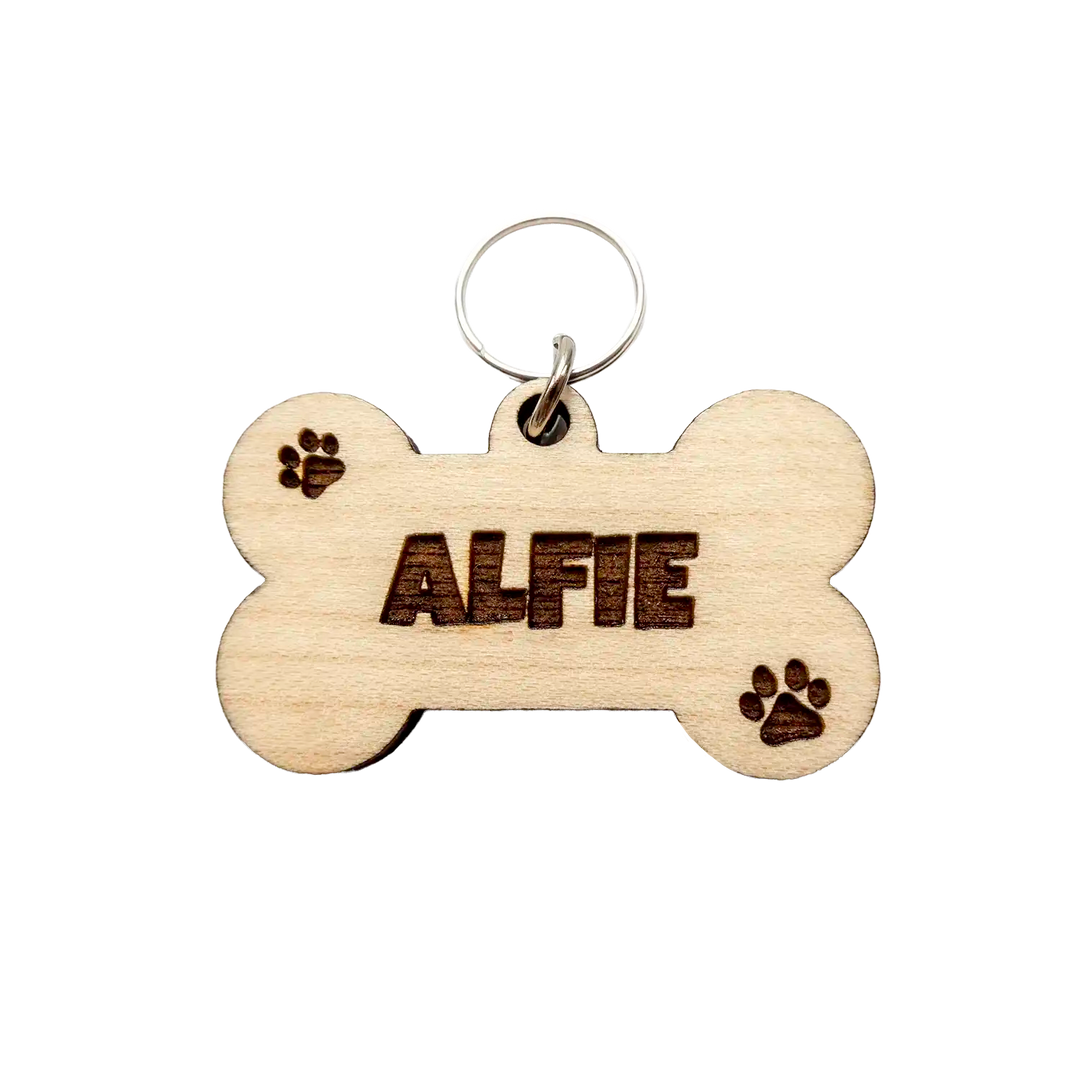 Alfie Laser Engraved Dog Tag on Wood