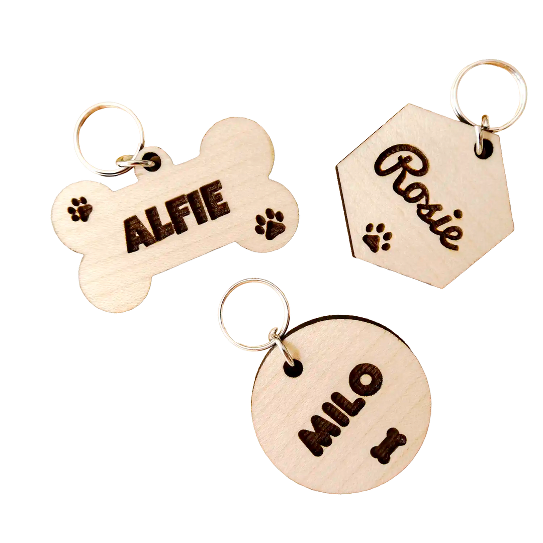 Collection of Laser Engraved Dog Tag on Wood