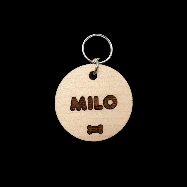 Milo Laser Engraved Dog Tag on Wood