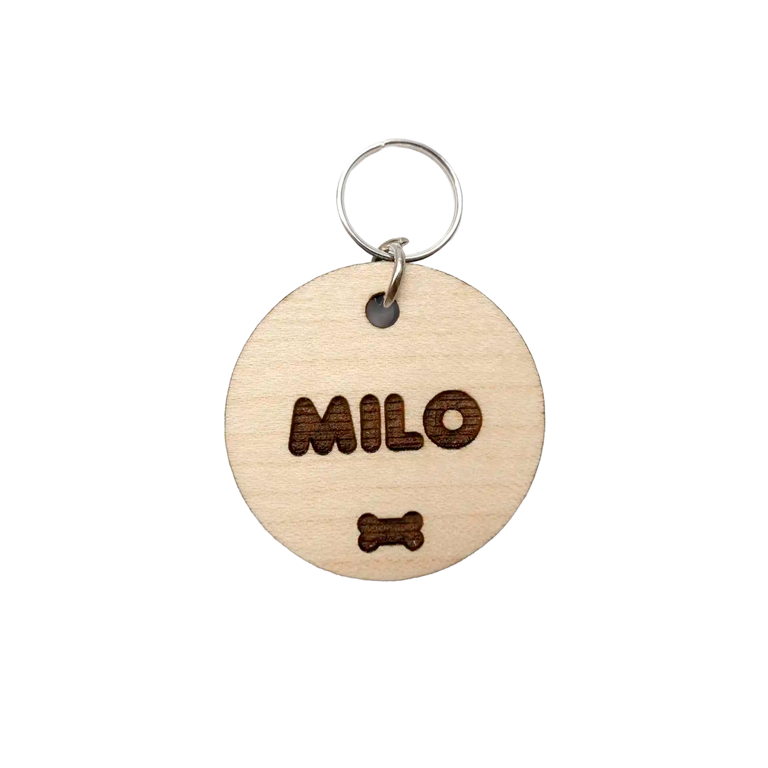 Milo Laser Engraved Dog Tag on Wood