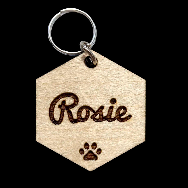Rosie Laser Engraved Dog Tag on Wood