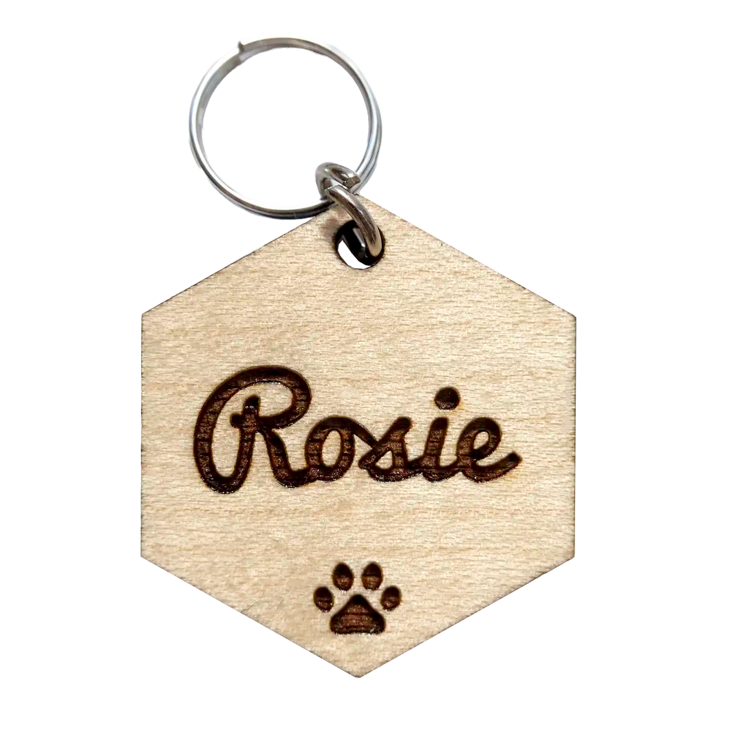 Rosie Laser Engraved Dog Tag on Wood